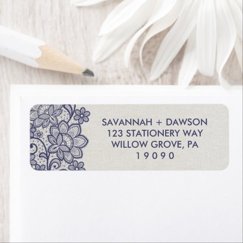 Burlap and Navy Lace  Floral Wedding Label