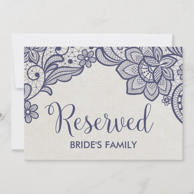 Burlap and Navy Lace Wedding Reserved Sign Invitation (Front)