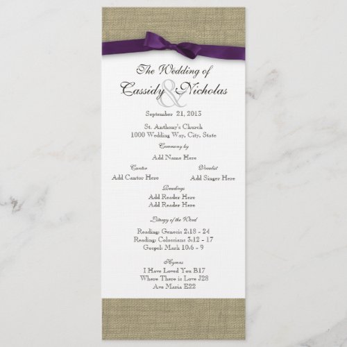 Burlap and Purple Bow Wedding Program