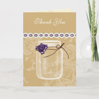 burlap and purple rose mason jar thank you card