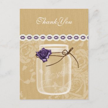 burlap and purple rose mason jar thank you postcard