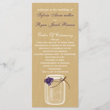 burlap and purple rose mason jar wedding program