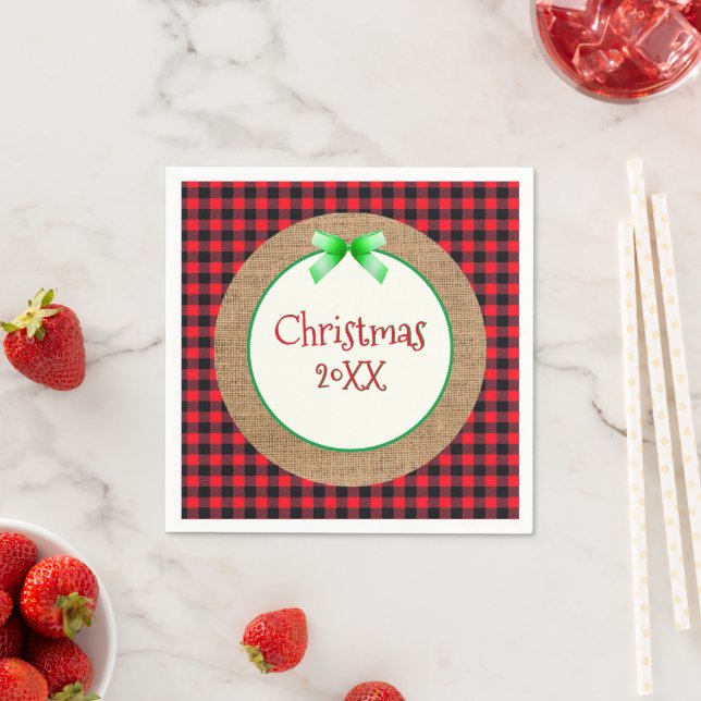 Burlap and Red Buffalo Plaid Dated Christmas Napkins (Insitu)