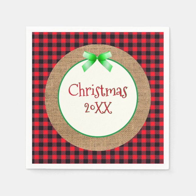 Burlap and Red Buffalo Plaid Dated Christmas Napkins (Front)