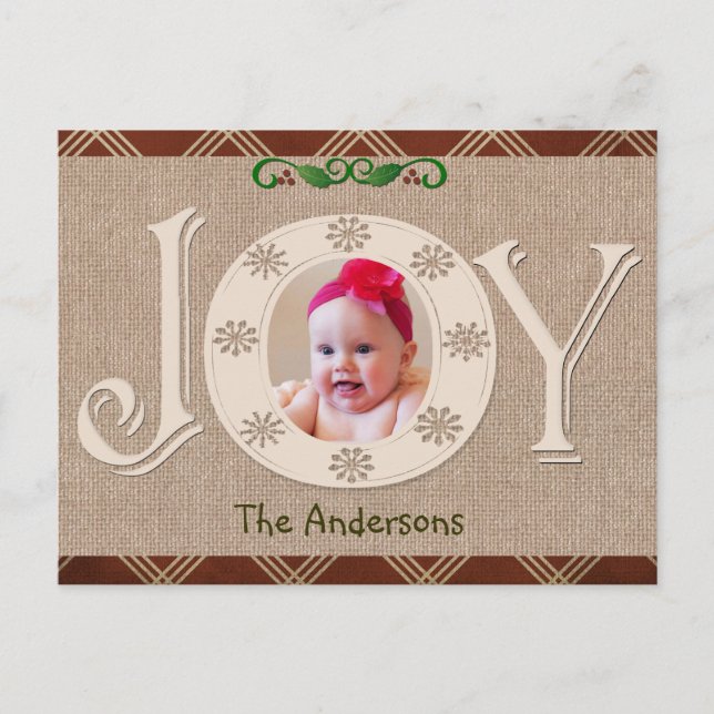 Burlap and Red Chevron Christmas Photo Card (Front)