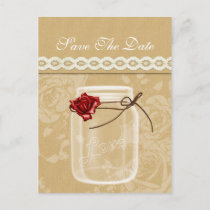 burlap and red rose mason jar save the date announcement postcard