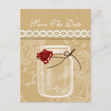 burlap and red rose mason jar save the date announcement postcard