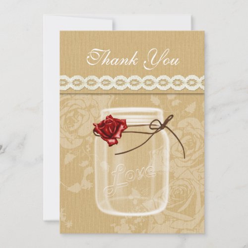 burlap and red rose mason jar thank you invitation