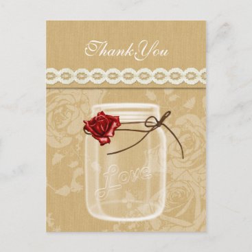 burlap and red rose mason jar thank you postcard
