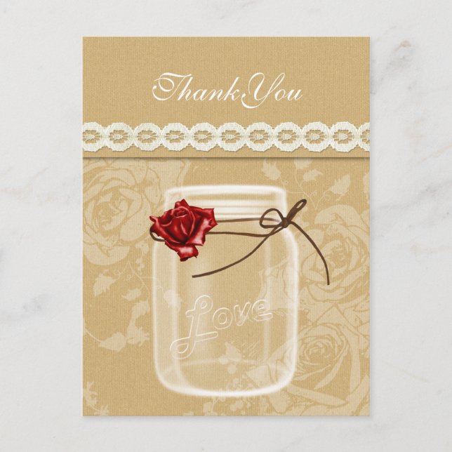 burlap and red rose mason jar thank you postcard (Front)