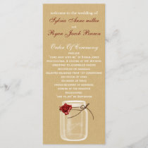 burlap and red rose mason jar wedding program