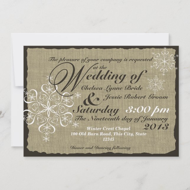 Burlap and Snowflakes Wedding  5 x 7 Invitation (Front)
