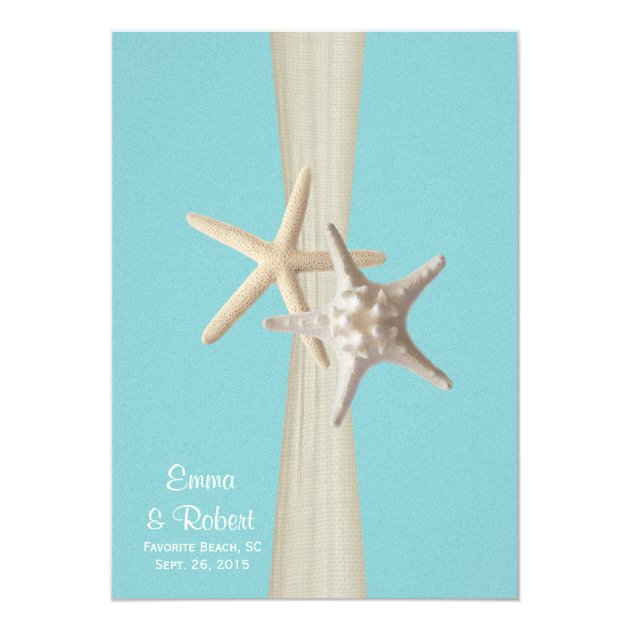 Burlap And Starfish Aqua Beach Wedding Invitation