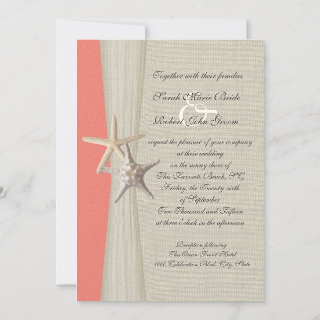 Burlap and Starfish Shell Coral Beach Wedding Invitation (Back)