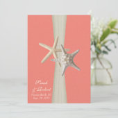 Burlap and Starfish Shell Coral Beach Wedding Invitation (Standing Front)