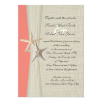 Burlap and Starfish Shell Coral Beach Wedding Invitation