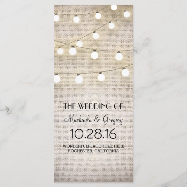 Burlap and String Lights Rustic Wedding Programs (Front)