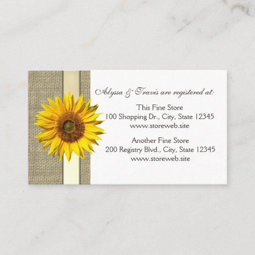 Customizable Burlap and sunflower Bridal Registry Card Business Cards