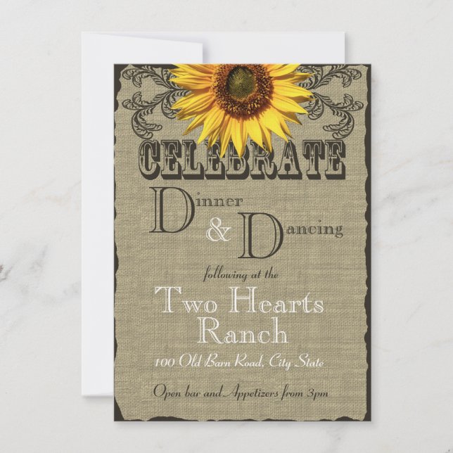 Burlap and Sunflower Dinner and Dancing Invitation (Front)