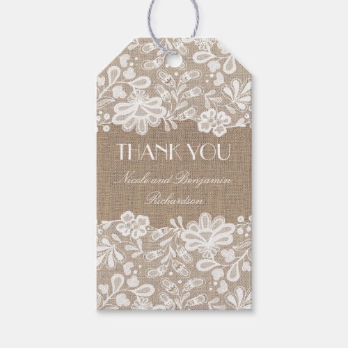 Burlap and Vintage Floral Lace Wedding Gift Tags - The burlap and lace elegant vintage wedding thank you tag