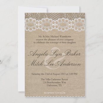 Burlap And Vintage Lace Shabby Chic Wedding Invite by oddlotpaperie at Zazzle