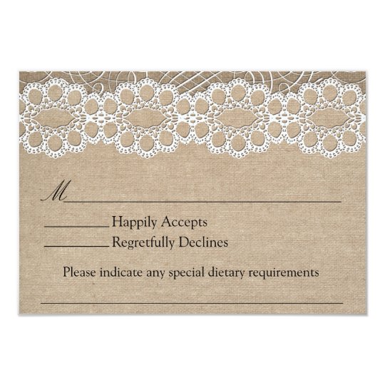 Burlap and Vintage Lace Shabby Chic Wedding RSVP Card