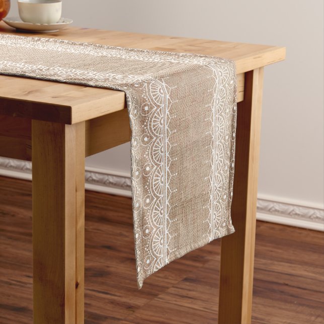 Burlap and White lace Print  Long Table Runner (In Situ)