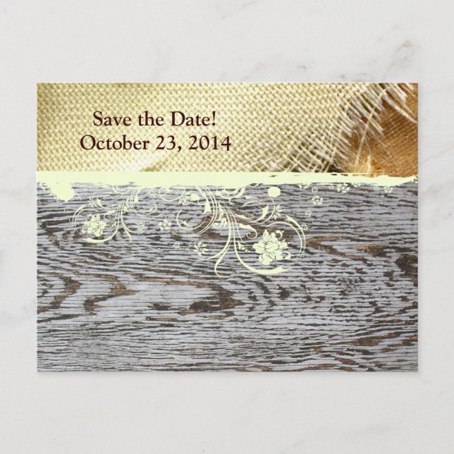 Burlap and Wood Country Save the Date Announcement Postcard (Front)