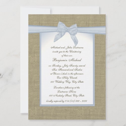 Burlap Baby Blue Christening Custom Invitation