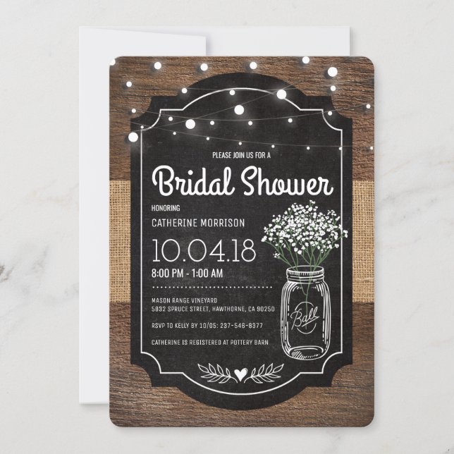 Burlap Baby Breath Wooden Wedding Bridal Shower Invitation (Front)