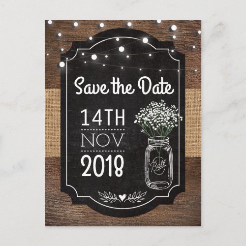 Burlap Baby Breath Wooden Wedding  Mason Jar Announcement Postcard