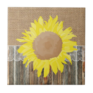 Burlap Barnwood Lace And Sunflower Ceramic Tile
