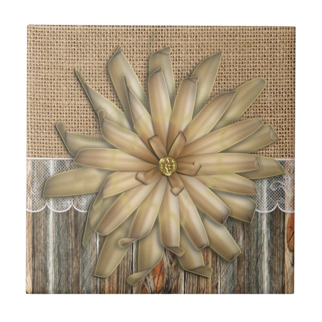 Burlap Barnwood Lace And Tan Flower Ceramic Tile (Front)