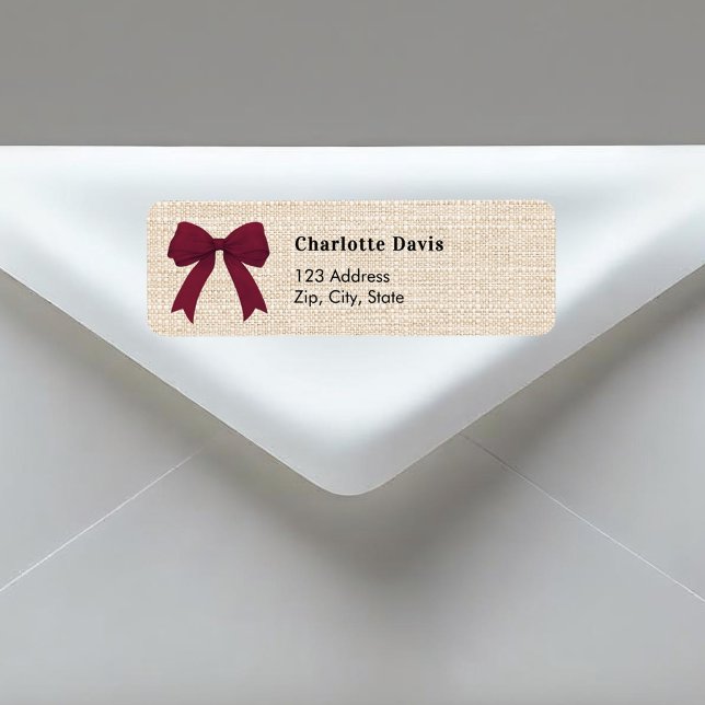 Burlap beige burgundy bow return address  label (Creator Uploaded)