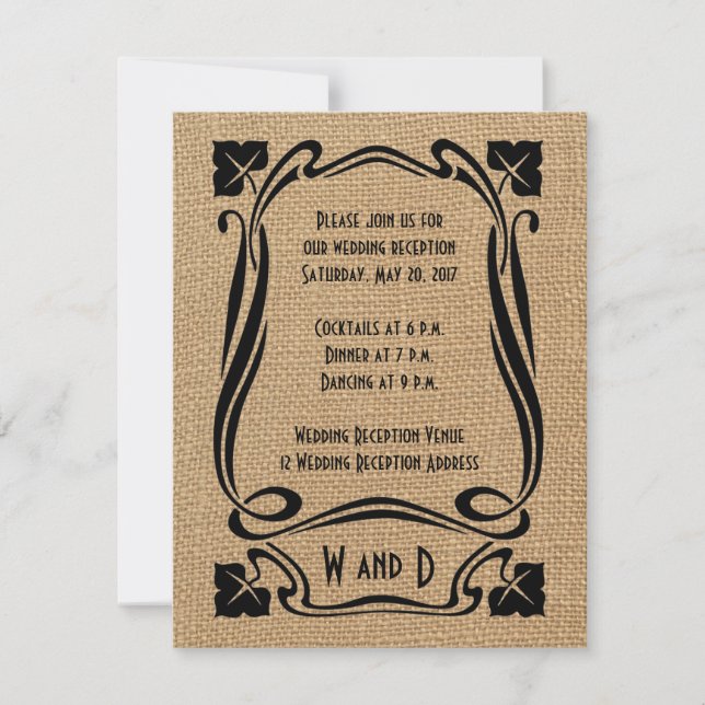 Burlap Black Art Deco Wedding Reception Cards (Front)