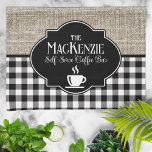 Burlap Black Buffalo Check Personalized Kitchen Towel<br><div class="desc">A fun design of faux burlap with a classic black and white buffalo check edging with your personalization and a white sillhouette coffee mug.</div>