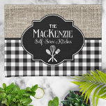 Burlap Black Buffalo Check Personalized Kitchen Towel<br><div class="desc">A fun design of faux burlap with a classic black and white buffalo check edging with your personalization and white silhouettes of basic kitchen utensils.</div>