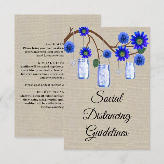 Burlap Blue Floral Mason Jar Safety Measures Enclosure Card (Front/Back)