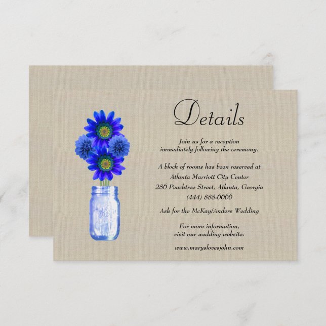 Burlap Blue Floral Mason Jar Wedding Details Enclosure Card (Front/Back)