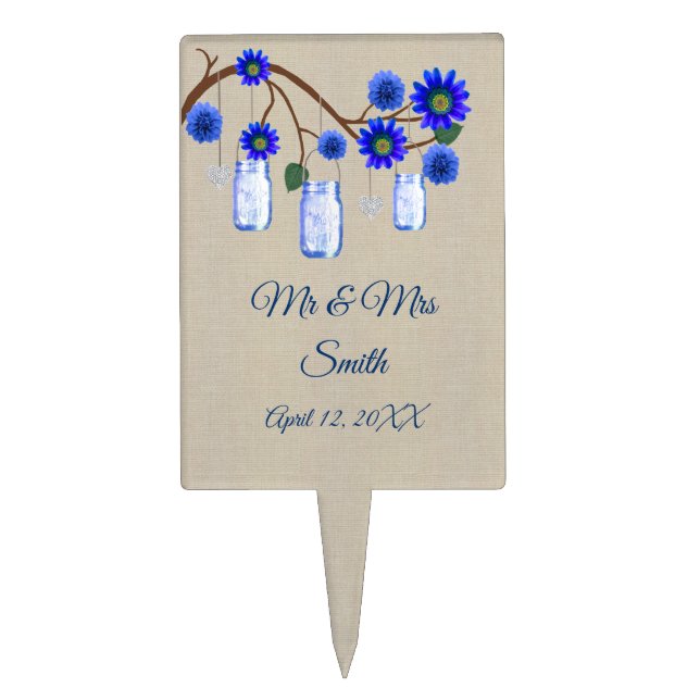 Burlap Blue Floral Mason Jars Cake Topper (Front)