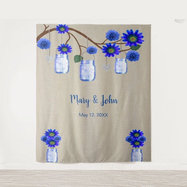 Burlap Blue Floral Mason Jars Photo Backdrop (Front)