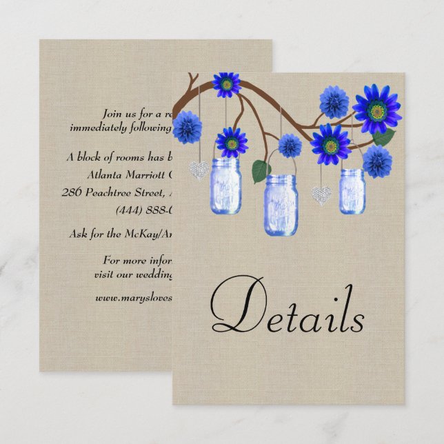 Burlap Blue Floral Mason Jars Wedding Details Enclosure Card (Front/Back)