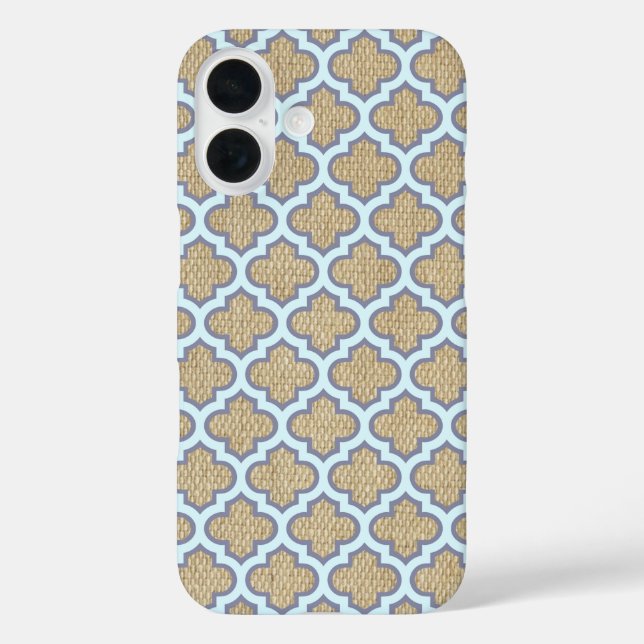 Burlap & Blue Girly Quatrefoil Pattern Trendy Cute Case-Mate iPhone Case (Back)