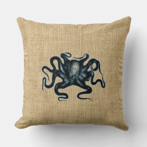 Burlap Blue Kraken Octopus Sealife Design Throw Pillow