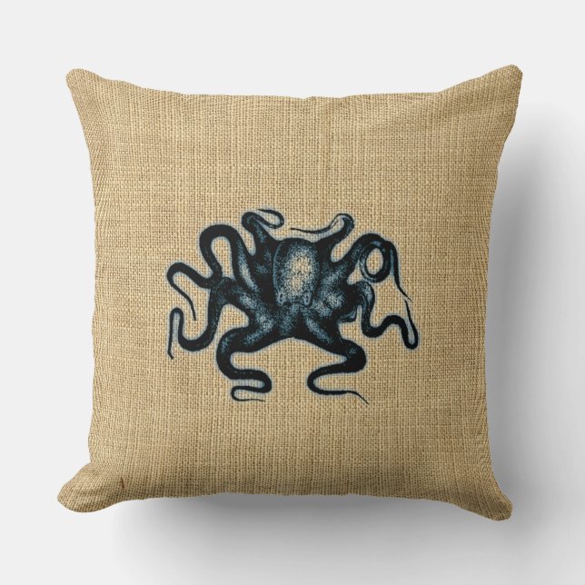Burlap Blue Kraken Octopus Sealife Design Throw Pillow (Front)