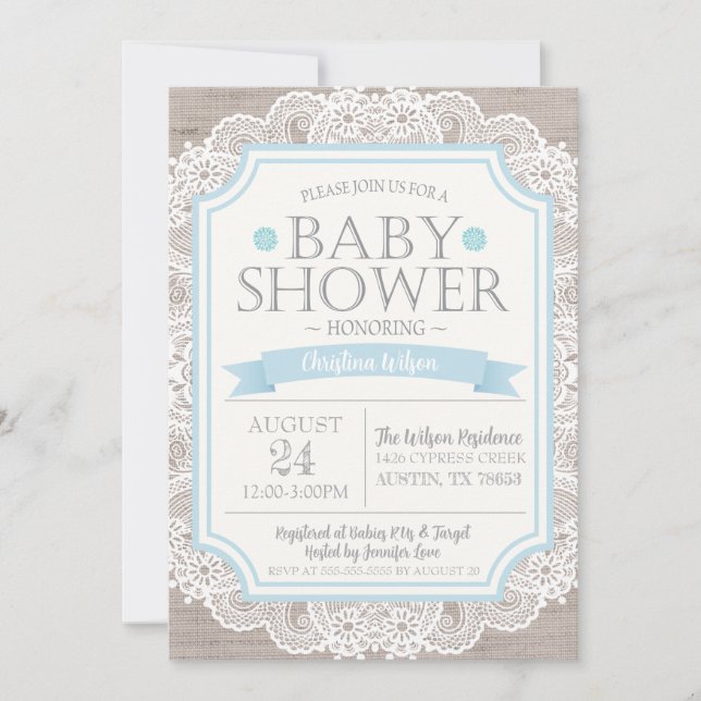 Burlap Blue & Lace Baby Shower Invitation (Front)