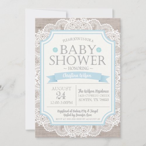 Burlap Blue  Lace Baby Shower Invitation