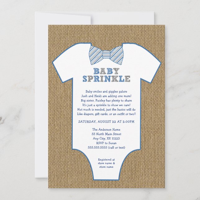 Burlap Bow Tie Undershirt boy Baby Sprinkle Invitation (Front)
