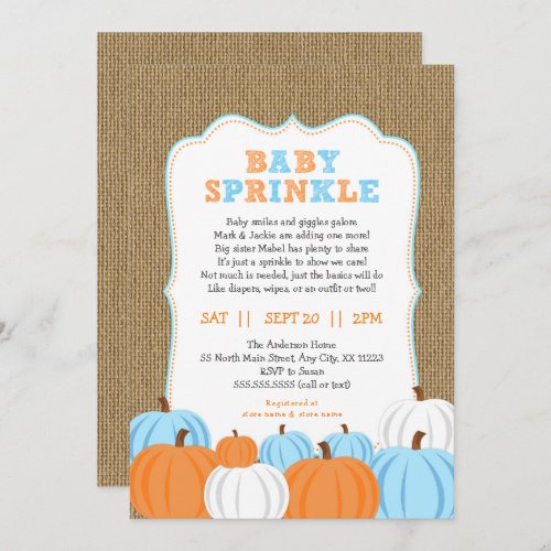 Burlap Boy Pumpkin baby sprinkle invitation