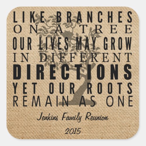 Burlap Branches Tree Family Reunion Square Sticker